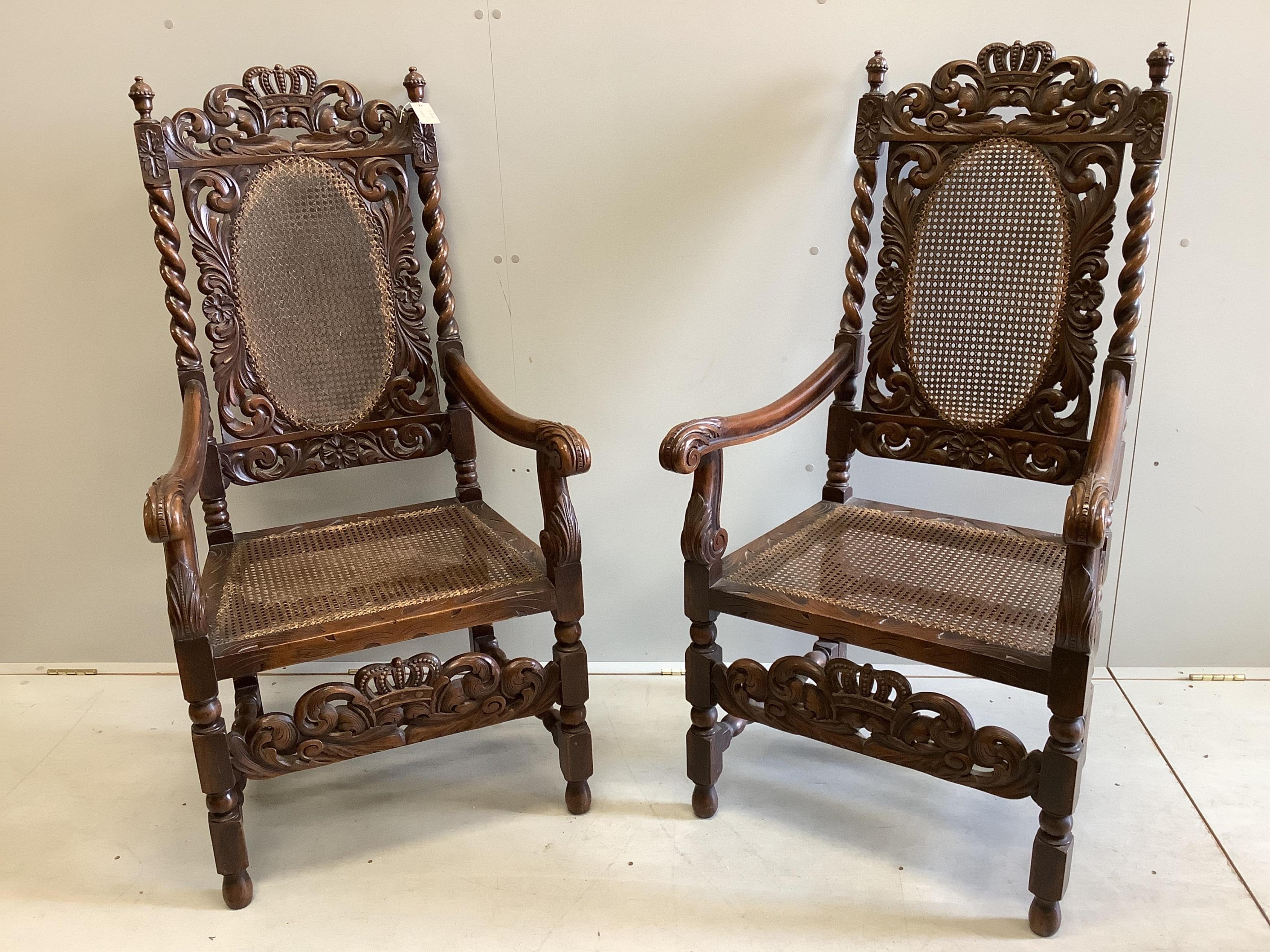 Two pairs of Carolean style chairs, larger height 132cm. Condition - fair